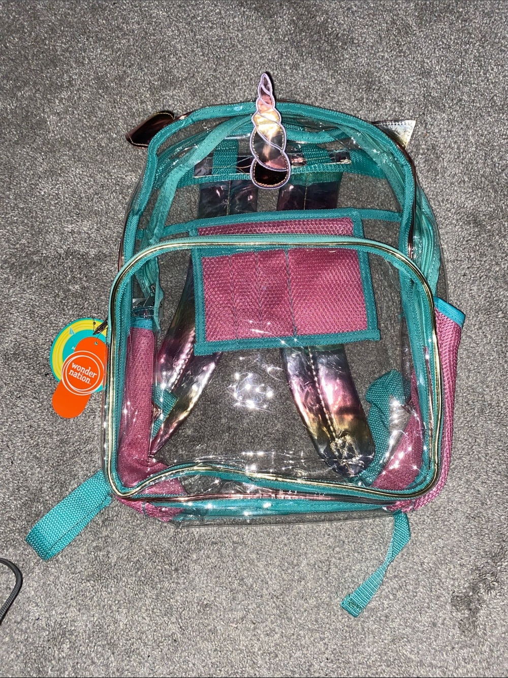 wonder nation Clear Teal and Pink Accent Backpack with Holographic Details